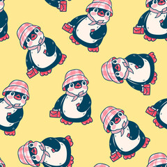 Seamless pattern with cute penguins