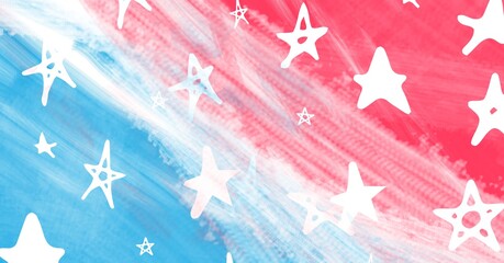 Composition of hand drawn white stars on painterly pink and blue streaked background