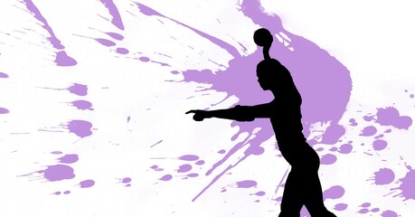 Composition of female handball player on white background with splash