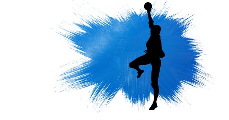 Composition of female handball player on white background with blue splash