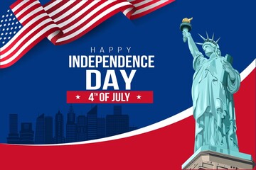 USA Happy Independence Day 4th of July. Flyer, banner, poster, greeting card. Template with flag and statue of liberty on blue background. Vector illustration design