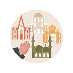 Religious institution abstract concept vector illustration. Institution of belief, religious practices, catholic church, mosque, cathedral building, chapel, monks in monastery abstract metaphor.