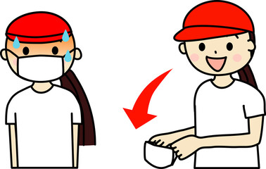 体育の時間にマスクをしていて熱中症になった小学生女子生徒とマスクを外す女の子 セット