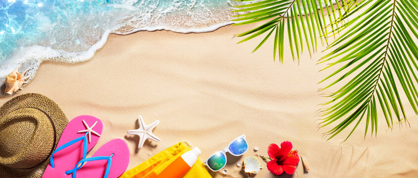 Beach Accessories On Tropical Sand And Seashore - Summer Vacations
