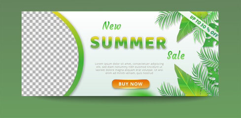 Summer sale promotion banner template with tropical leaves elements
