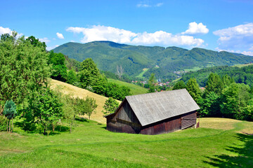 Old  wooden cottage in nature in sunny  day and view of Makowica range, near Rytro village, Beskid Sadecki, Poland