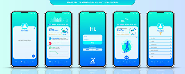 Runfit sport center mobile application UI, UX, GUI screens. Fitness app, responsive website including. Web design and mobile template. Fitness interface design for mobile application. Vector