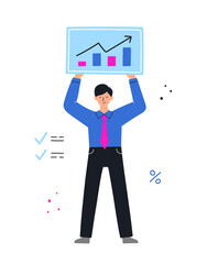 Businessman with graph. Manager showing the success. Business analysis concept. Flat style vector illustration.