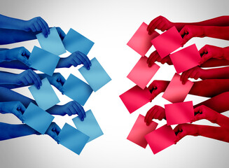 Divided voters election day vote and voting rights concept casting red and blue ballots at a polling station as a democratic right in a democracy as diverse hands holding votes