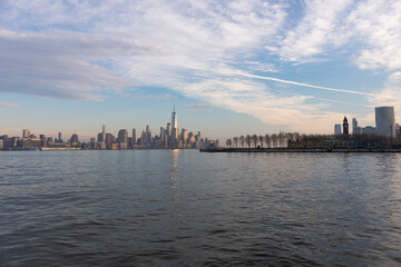 Skyline of Lower Manhattan in New York City seen from Hoboken New Jersey along the Hudson River