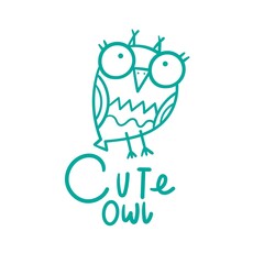 Cute doodle owl emblem. Funny vector character. Line art animal print. Cartoon bird poster.