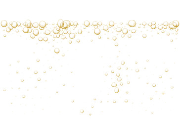 Gold fizzy bubbles. Sparkles champagne. Fizzy pop and effervescent drink. Abstract fresh soda and air bubbles, oxygen, champagne crystal. Vector illustration on black transparent background.
