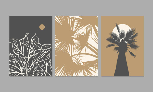 Modern posters with tropical leaves and palm tree. Great for interior decor, wall art, tote bag, t-shirt print.