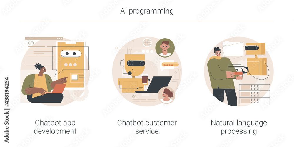Poster ai programming abstract concept vector illustration set. chatbot app development, customer service, 