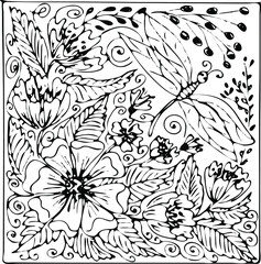 Flower illustration for design. Summer drawing flowers, insect, black line. Floral pattern graphics.Frame coloring of branches,flowers.