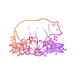 Bear Rose Flower with Vintage Animal Design. Wildlife Floral frame ornament vector style. Decoration Design Wreath illustration.
