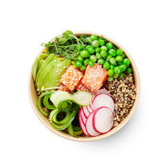 Poke bowl with salmon, avocado, quinoa and cucumber