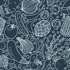Vegetables outline pattern on blue - hand-drawn vector seamless pattern - for kitchen fabric, wrapping, textile, wallpaper, background.
