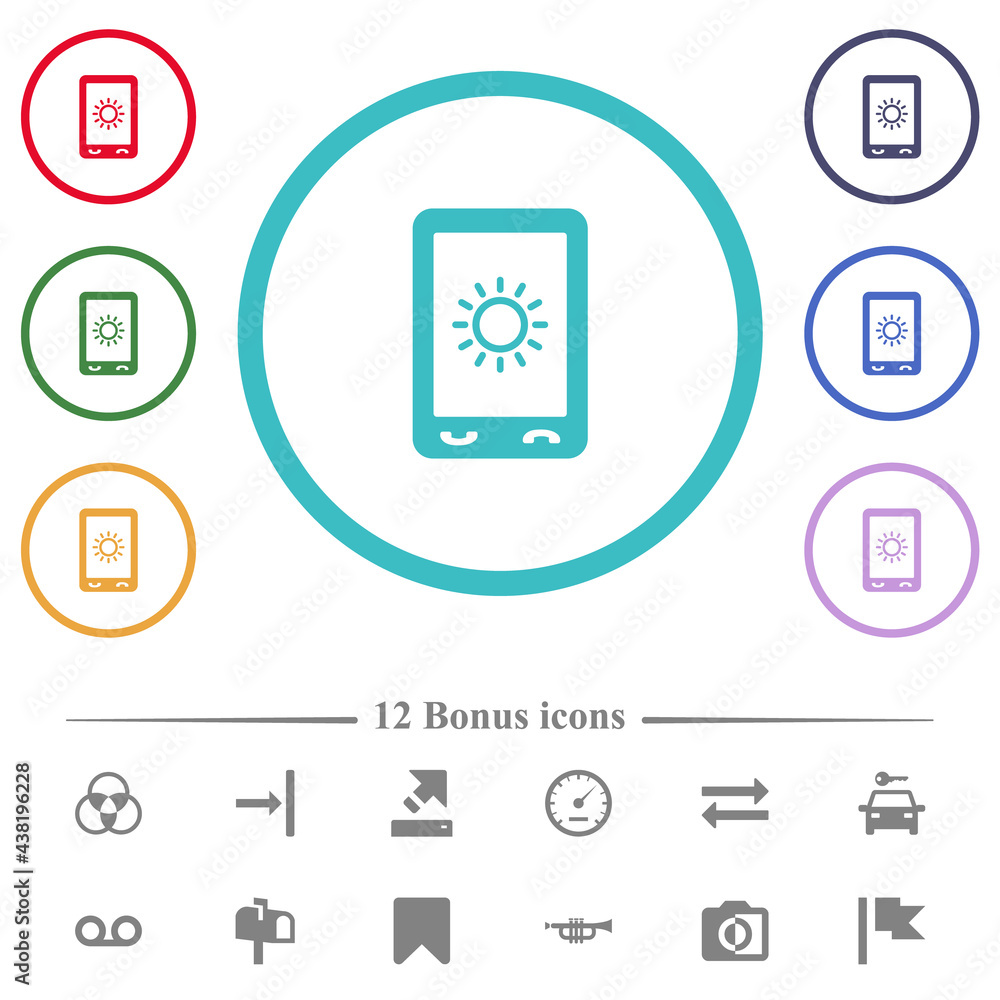 Poster mobile display brightness flat color icons in circle shape outlines