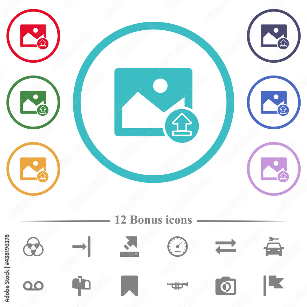 Poster upload image flat color icons in circle shape outlines