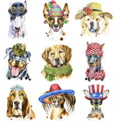 Obraz premium Set of watercolor portraits of dogs for decoration