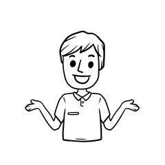 Man with Spread hands. Smiling young boy in shirt. Doubt and timidity. Hand drawn sketch cartoon. Uncertainty and shrugging. Funny illustration
