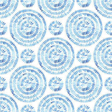 Fototapeta Seamless blue and white watercolor pattern. Ornament in the style of polka dot. Handmade. Grunge texture.