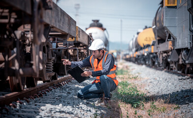 Engineer railway wearing safety uniform and helmet under checking under train ,wheels and control...