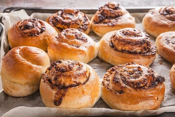 Sweet Scadinavian aromatic cinnamon rolls. Traditional homemade pastry made from butter dough. Delicious buns on baking paper. Winter christmas Scandinavian pastries.
