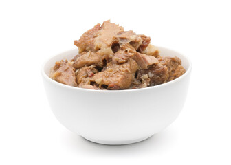 Beef stewed sliced in ceramic white bowl isolated on white background with clipping path.