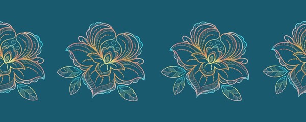 Decorative multicolored flower with leaves on a blue background, seamless border, pattern