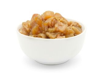 Beef tendons stewed in ceramic white bowl isolated on white background with clipping path.