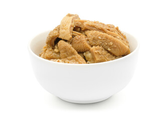 Braised beef stomach tripe stewed sliced in ceramic white bowl isolated on white background with clipping path.
