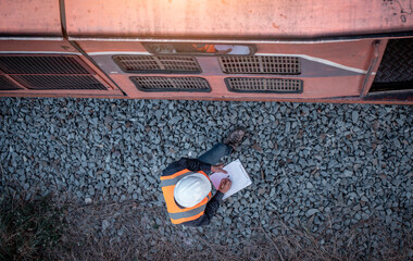Engineer railway under  checking construction process train testing and checking railway work on...