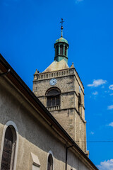 View of Eglise Notre-Dame de l'Assomption in Evian-les-Bains. Evian-les-Bains on banks of Leman Lake (east of France), commune in the Haute-Savoie department in the Rhone-Alpes region. France.