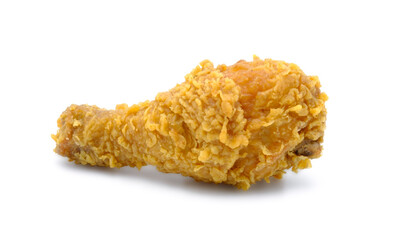 Crispy fried chicken drumstick isolated on a white background.