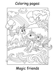 Coloring book page unicorn met a mermaid on a seahorse