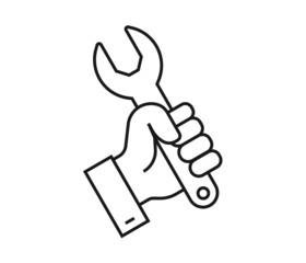 Hand holding wrench thin line icon. Repair and maintenance concept. Vector illustration symbol element for web design and apps