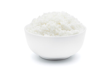 Rice in ceramic white bowl isolated on white background with clipping path.