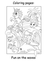 Fototapeta premium Coloring book page boy and unicorn surf on the waves
