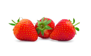 Fresh red ripe strawberries with leaf isolated on white background.