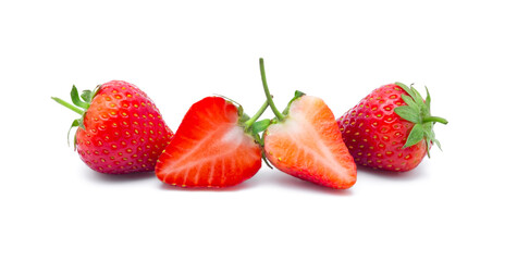 Fresh red ripe strawberries with leaf isolated on white background.