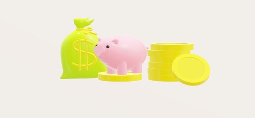 3D cartoon golden coin and piggy bank for business investment, finance strategy and money management concept on white background. 3d business render illustration