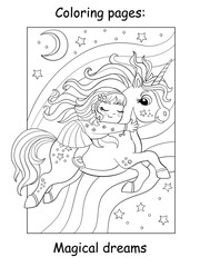 Coloring book page cute girl sleeps on the back of a flying unicorn