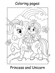 Fototapeta premium Coloring book page cute princess riding on a unicorn