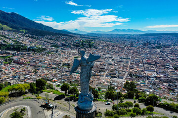 Quito, Ecuador, 25-5-2021: Aerial view of the back of El Panecillo in Quito, a famous statue within...