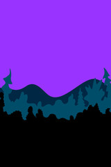 Vector abstract simple landscape backdrop, poster in dark purple blue green tones. Night sky on background of silhouette of forest, trees, mountains. Isolated illustration in flat style