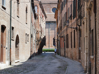 Ferrara, Italy. The fourteenth-century Via delle Vecchie, the last building on the left is the...