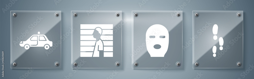 Poster Set Footsteps, Thief mask, Suspect criminal and Police car and flasher. Square glass panels. Vector