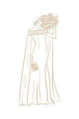 Wedding dress, bride. Trend vector illustration. Linear art. Icon for wedding agencies, photographers, law shops, florists, pastry shops